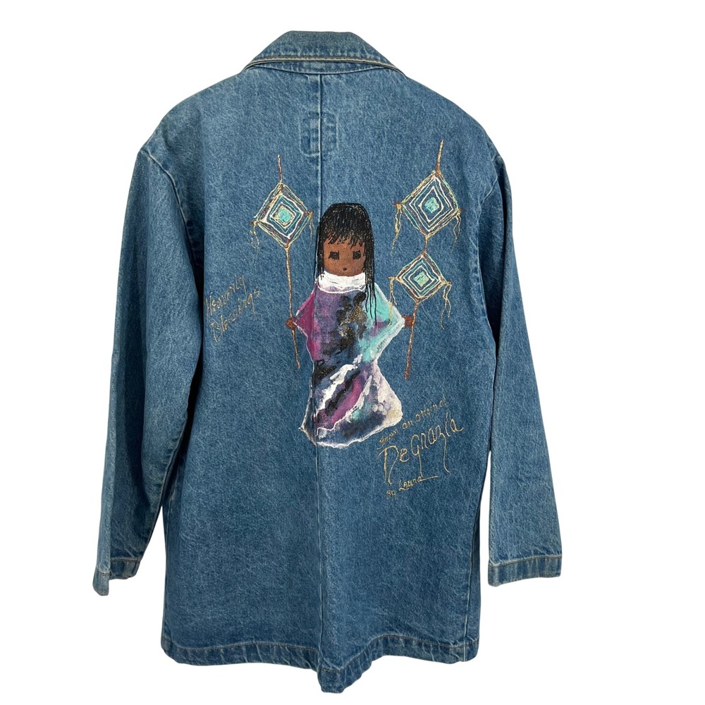 Vintage Denim Blazer Jacket Hand Painted DeGrazia Heavenly Blessings Glitter 80s